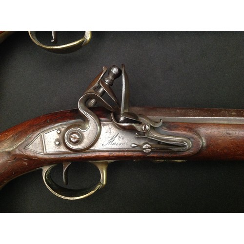 185 - A Pair of Flintlock Pistols by WW Mason. 220mm long Octagonal barrel. Approx 14mm bore. English Proo... 