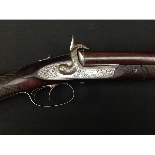 192 - Pin Fire Double Barrel Shotgun with 750mm long browned Damascus barrels. Double trigger. Marked on b... 