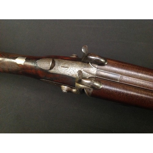 192 - Pin Fire Double Barrel Shotgun with 750mm long browned Damascus barrels. Double trigger. Marked on b... 