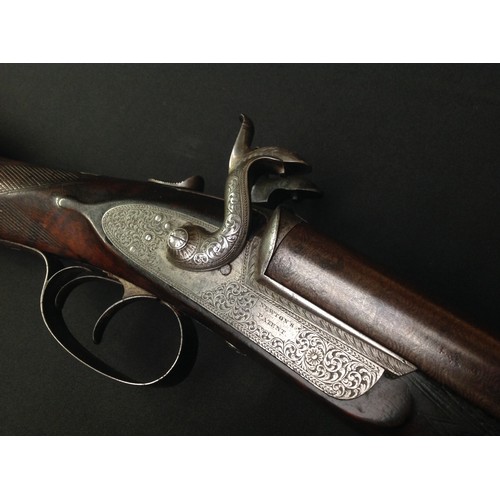 192 - Pin Fire Double Barrel Shotgun with 750mm long browned Damascus barrels. Double trigger. Marked on b... 