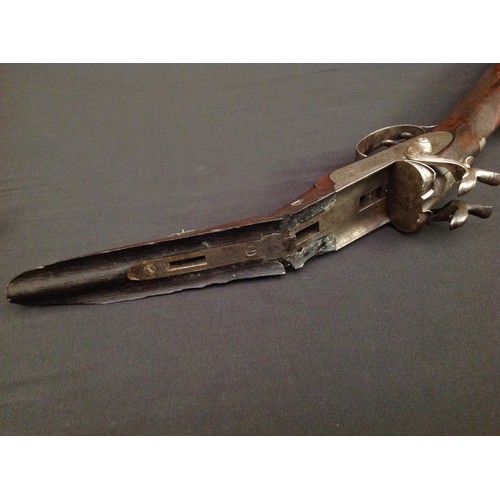 192 - Pin Fire Double Barrel Shotgun with 750mm long browned Damascus barrels. Double trigger. Marked on b... 