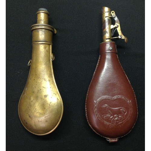 196 - A Brass Powder Flask and a restored Leather Shot Flask. Powder Flask is maker marked 