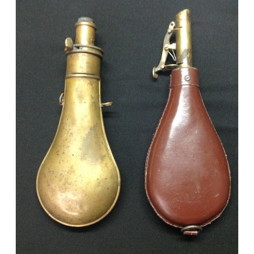 196 - A Brass Powder Flask and a restored Leather Shot Flask. Powder Flask is maker marked 