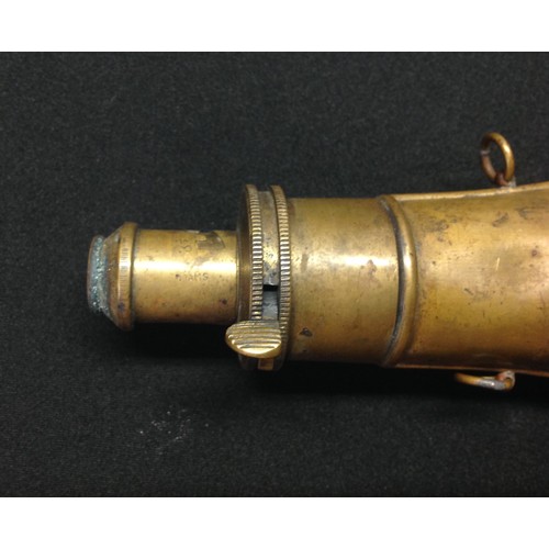 196 - A Brass Powder Flask and a restored Leather Shot Flask. Powder Flask is maker marked 