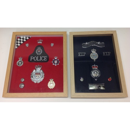 201 - Professionaly framed displays of Police badges: West Mercia Constabulary cap badges, buttons and clo... 