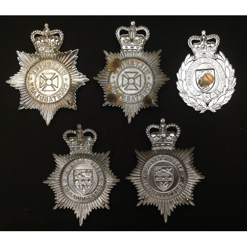 240 - Queens Crown Wiltshire and West Mercia Constabulary Helmet Plates: Wilts x 2: West Mercia enamelled,... 