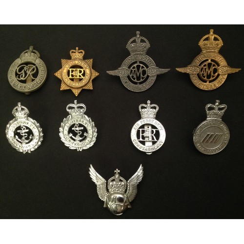 298 - A collection of Military Police Cap badges: Kings Crown War Dept Constabulary GR VI: Queens Crown ER... 