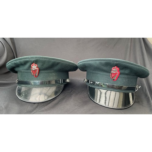 328 - Royal Ulster Constabulary Officers Peaked Caps x 2. Both complete with Queens Crown cap badge and ch... 