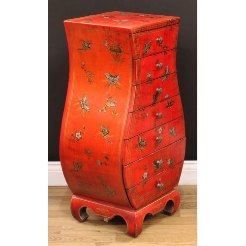 103 - A contemporary Chinese inspired red lacquer and Chinoiserie style vase shaped chest, of seven drawer... 