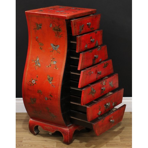 103 - A contemporary Chinese inspired red lacquer and Chinoiserie style vase shaped chest, of seven drawer... 