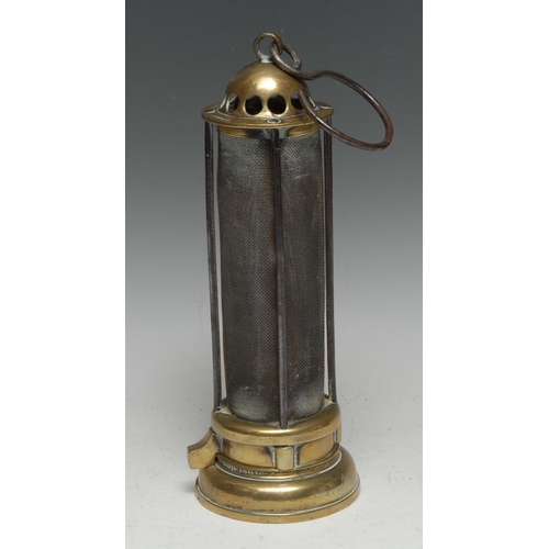 3392 - Coal Mining History - a 19th century brass Davy type miner's lamp, by H.M. Edwards, Wakefield, pierc... 