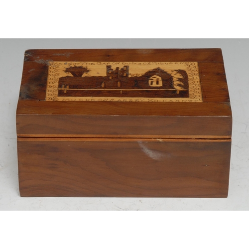 3356 - An Irish Killarney marquetry rectangular box, hinged cover inlaid with a titled view of Muckross Abb... 