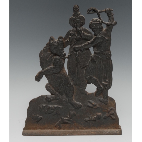 3382 - Bear Baiting - a 19th century cast iron flatback model, of a musician, a bear and his master, 23.5cm... 