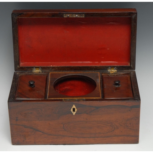 3157 - A George IV rosewood rectangular tea caddy, hinged cover enclosing a bowl aperture and a pair of lid... 