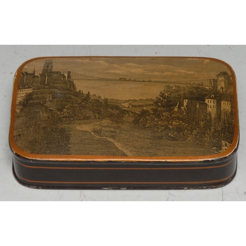 3386 - Brunel and The Clifton Suspension Bridge - a 19th century toleware rounded rectangular tobacco box, ... 