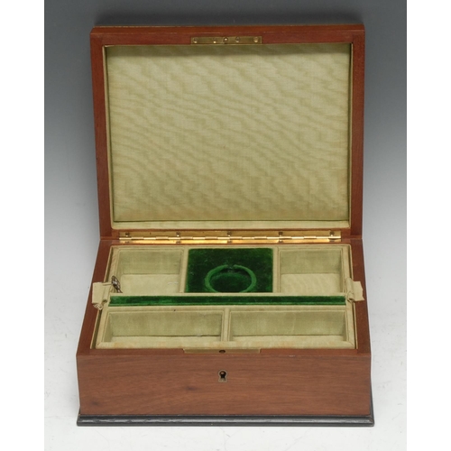 3144 - A French mahogany jewellery box, hinged cover enclosing a fitted lift-out tray with provision for po... 