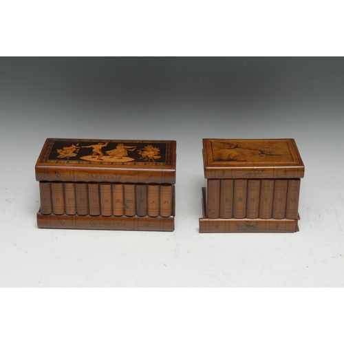 3363 - An Italian olivewood and marquetry rectangular novelty box, as a row of books, 22.5cm wide, Sorrento... 