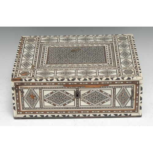 3354 - An Indian Colonial sadeli and ivory marquetry rectangular box, veneered overall with geometric lozen... 