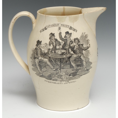 3350 - An English creamware ovoid beer jug, Saturday Night, Sweethearts and Wives, transfer printed in mono... 