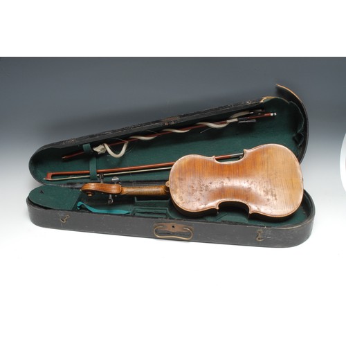 3286 - A violin, the two-piece back 35.75cm long excluding button, outlined throughout with purfling, eboni... 