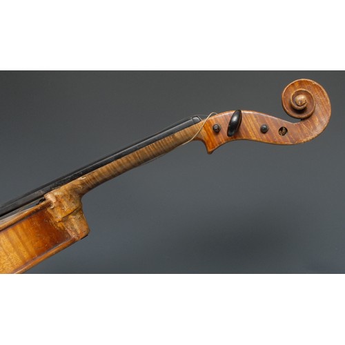 3286 - A violin, the two-piece back 35.75cm long excluding button, outlined throughout with purfling, eboni... 