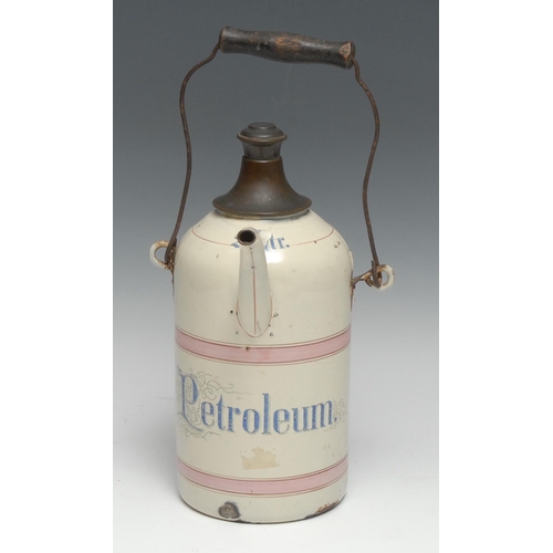 3381 - Automobilia - an early 20th century French enamel petrol can, inscribed Petroleum, 2Ltr, 28cm high, ... 