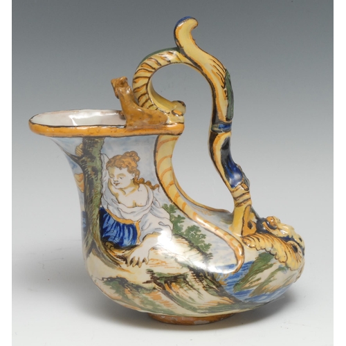 3362 - An Italian maiolica wine jug, modelled after an Ancient Greek askos and painted in the istoriato man... 