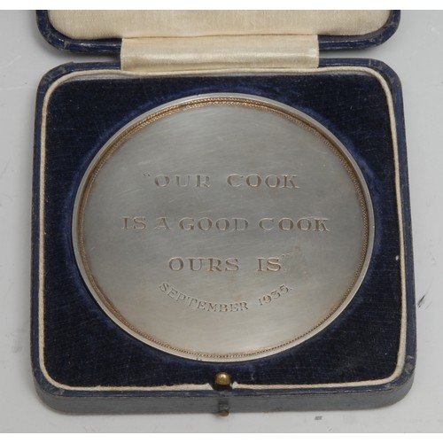 3395 - Cookery - an amusing early 20th century silver coloured metal presentation medallion, inscribed Our ... 