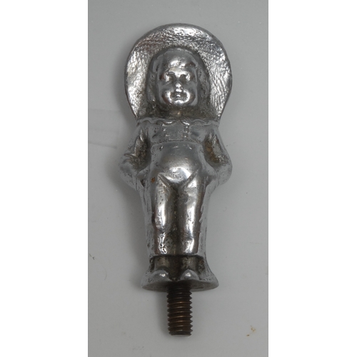 3378 - Automobilia - a chrome car mascot, cast as a young boy wearing a broad hat, 8.5cm high, mid 20th cen... 