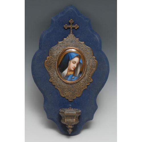 3324 - An early 20th century Continental porcelain mounted holy water stoup, applied with an oval plaque pa... 