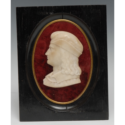 3358 - An Italian alabaster relief portrait plaque, of a Renaissance gentleman, bust length facing to dexte... 