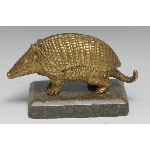 3018 - A 19th century bronze novelty animalier encrier, cast as an armadillo, hinged cover enclosing a pair... 