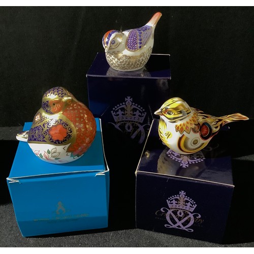 67 - A Royal Crown Derby paperweight,  House Sparrow, printed mark, gold stopper;  others, Robin, Yellow ... 