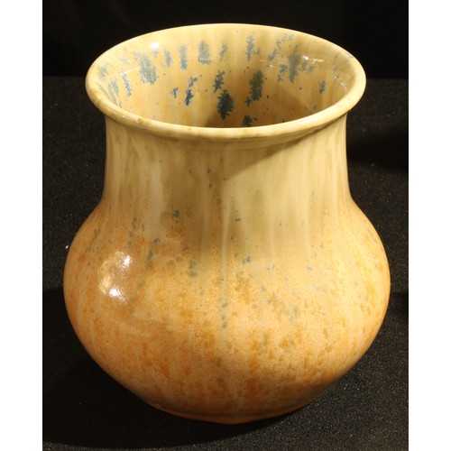 79 - A Ruskin matt crystalline baluster vase, in mottled orange, yellow and tan, 13.5cm high, impressed m... 