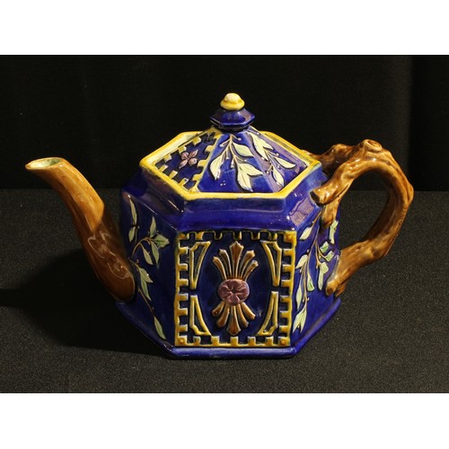 85 - A Victorian Staffordshire Majolica hexagonal teapot