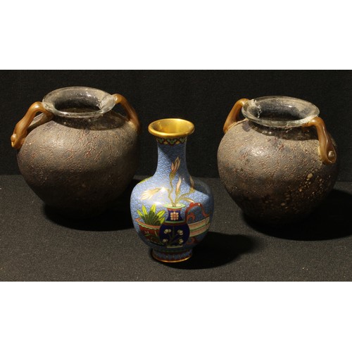 86 - A pair of amphora shaped crackle glass Roman style vases, 21cm; a miniature cloisonne glass bottle v... 