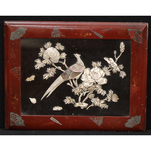 121 - A 19th century Japanese lacquered panel, inset with mother of pearl pheasant, 27.5cm x 35cm