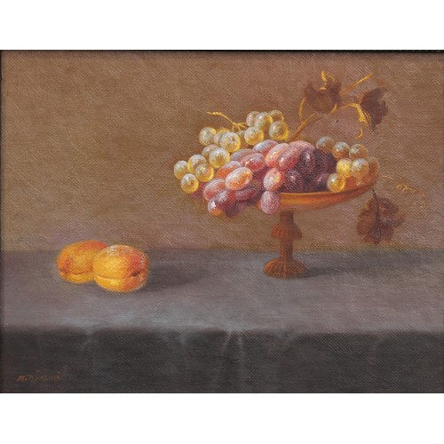 132 - English School  
Still Life, tazza with fruit  
indistinctly signed MDJ, oil, 18cm x 23cm