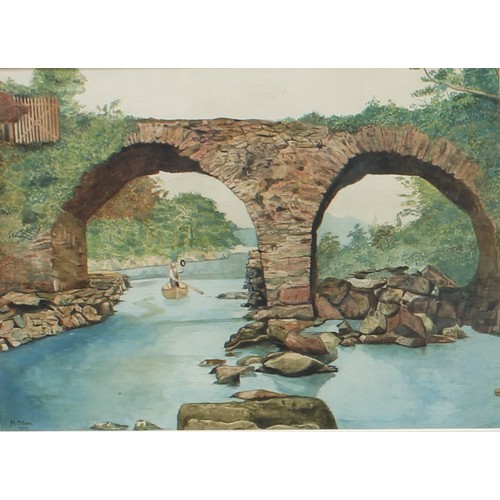 195 - Pictures and Prints - Thomas Ladell, Figure on a Bridge, signed, oil, 41cm x 49cm; others, Bridge sc... 