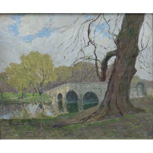 195 - Pictures and Prints - Thomas Ladell, Figure on a Bridge, signed, oil, 41cm x 49cm; others, Bridge sc... 