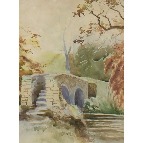 195 - Pictures and Prints - Thomas Ladell, Figure on a Bridge, signed, oil, 41cm x 49cm; others, Bridge sc... 