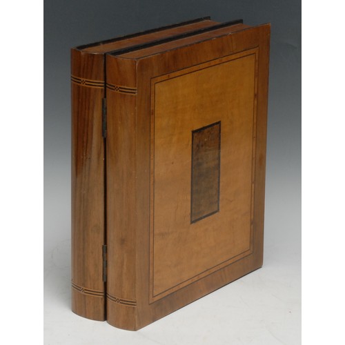 3250 - A satinwood, walnut and specimen timber bibliophile's novelty box, as stacked books, hinged cover, 2... 