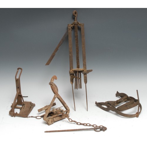 3406 - Gamekeeping - a 19th century Anglo Impassable mole trap, 50cm long; another, scissor action, 14.5cm ... 