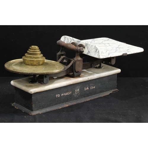 258 - A set of country house weighing scales, weights en suite, 24cm high, 59cm wide, 27.5cm deep