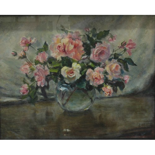 353 - Dora Meeson
Roses
signed, dated 1954, oil on canvas, 38cm x 48cm