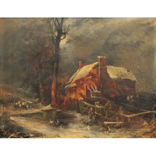 364 - W Lambert 1861  
Evening Winter Cottage Scene  
signed, oil, 34cm x 44cm