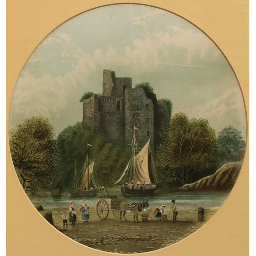 405 - An early 20th century lithographic print, Glengarry Castle, Scotland, circular mount, 36cm x 34cm