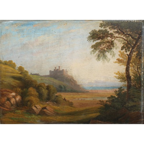 429 - Attributed to P Vandyke Beowrie  
Castle in the Distance
paper label to verso, oil on board; 
anothe... 