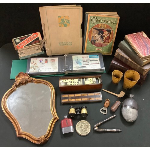 458 - Boxes and Objects - a 19th century pewter and leather oval hip flask;  opera glasses;  silk Kensita'... 