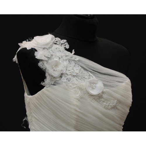 488 - Wedding Dresses - a white tulle one shoulder dress, by Blue, embellished with lace flowers and faux ... 